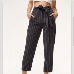 Aritzia tie front pants in navy and pinstripe